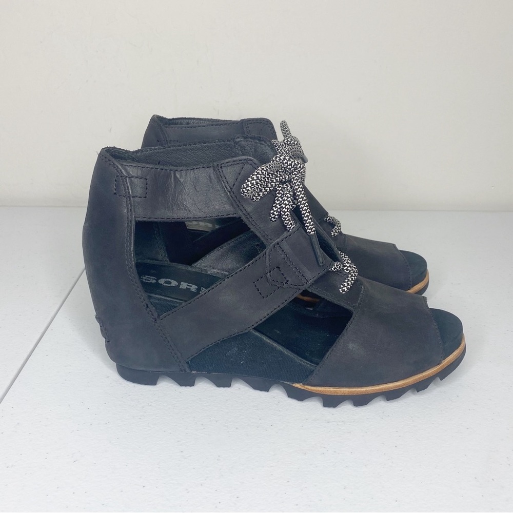 Sorel Joanie Lace Up Wedge Cage Sandals Black Leather Size 10